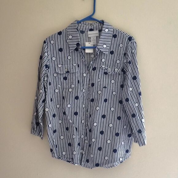 Alfred Dunner Tops - Alfred Dunner Women's Blue & White Stripe Polka Dot Button Down Blouse Sz Small